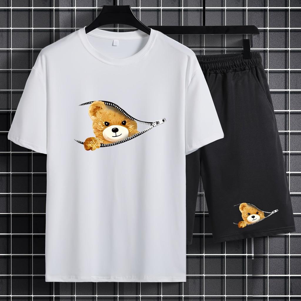 Мужской комплект из футболки с круглым вырезом и шорт с мультяшным медведем и графическим принтом больших размеров — мягкий, средний стрейч, повседневный стиль для лета — забавный принт