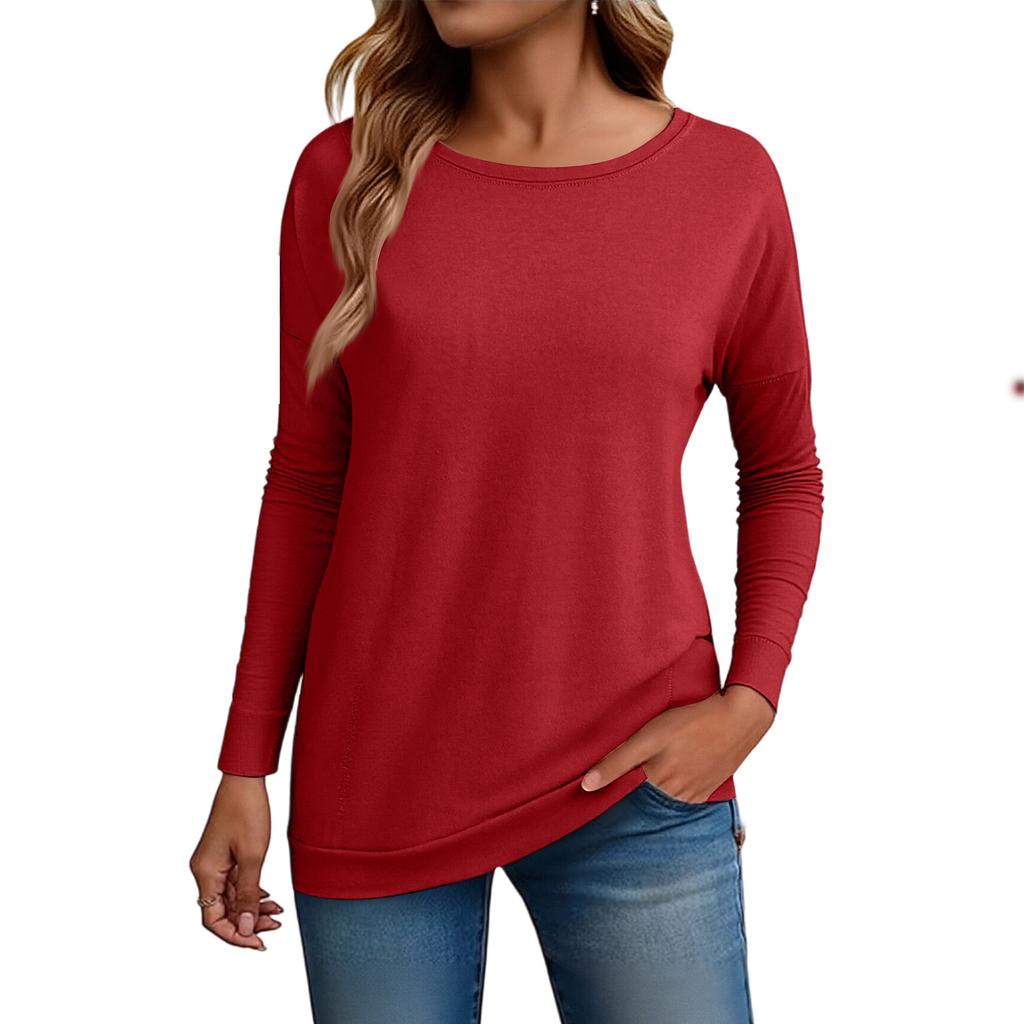 Women's Fashion Loose Round Neck Long Sleeve Solid Color T-shirt Top
