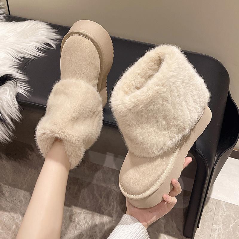 Женские зимние сапоги большого размера на толстой подошве, новые, с меховой отделкой, теплые, со средним голенищем, с отворотами, пушистые хлопковые ботинки