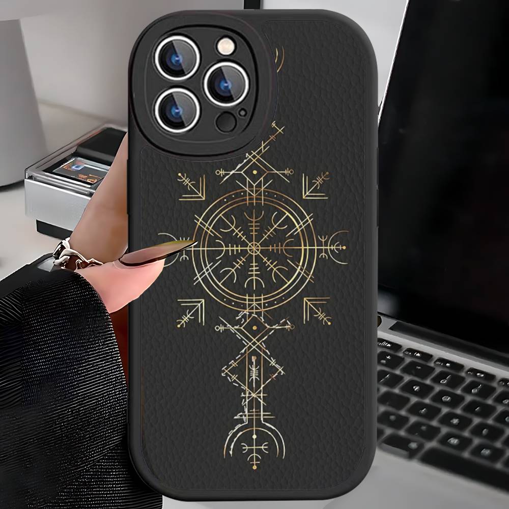 V-Логотип Викинга V-Вегвизир Для IPhone 16 15 14 13 12 11 Pro Max Plus Кожаный Чехол для Телефона