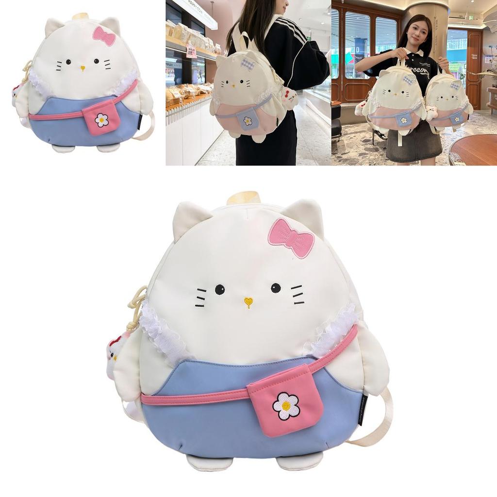 Cute Cartoon Bow Lace Cat Design Student Casual Backpack With Plush Pendant For Students
