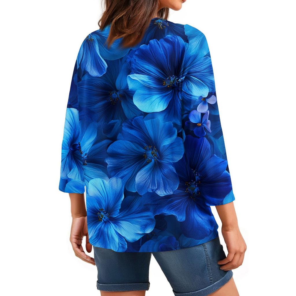 Женские топы, рубашка с рукавом три четверти, свободная повседневная рубашка с V-образным вырезом, футболка с цветочным принтом