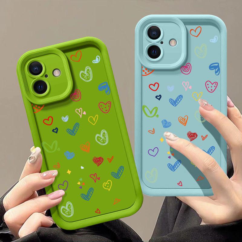 Cartoon Love Hearts Pattern Shockproof Phone Case for iPhone 16 15 14 Plus 13 12 11 Pro Max Xs Xr 8 7 Matte Tpu Soft Lens Protection Anti-Fall Cover