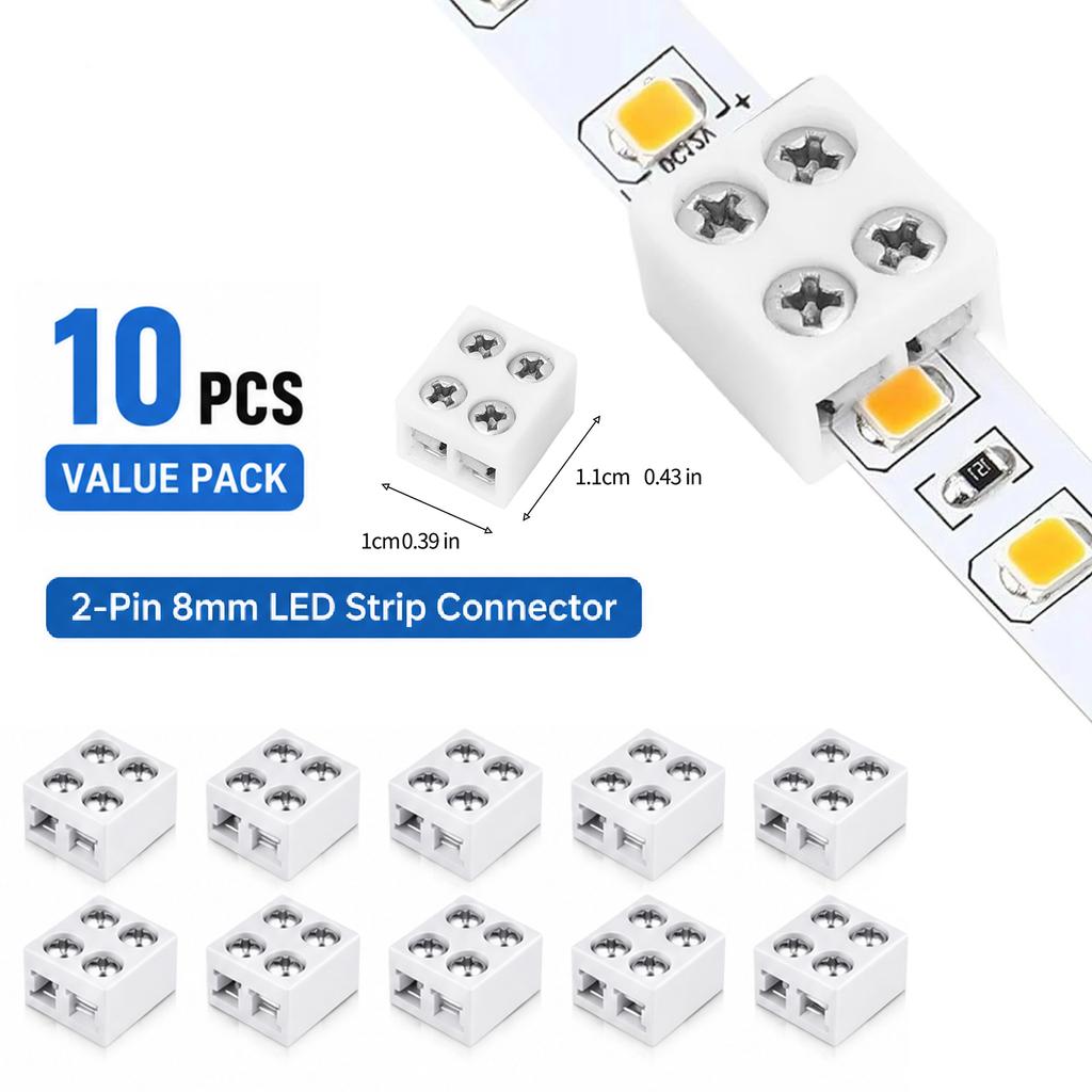 Connecteurs rapides sans soudure 8MM à 2 broches pour ruban LED, connecteurs rapides pour ruban LED, connecteurs pour câbles 22AWG/20AWG/18AWG/16AWG