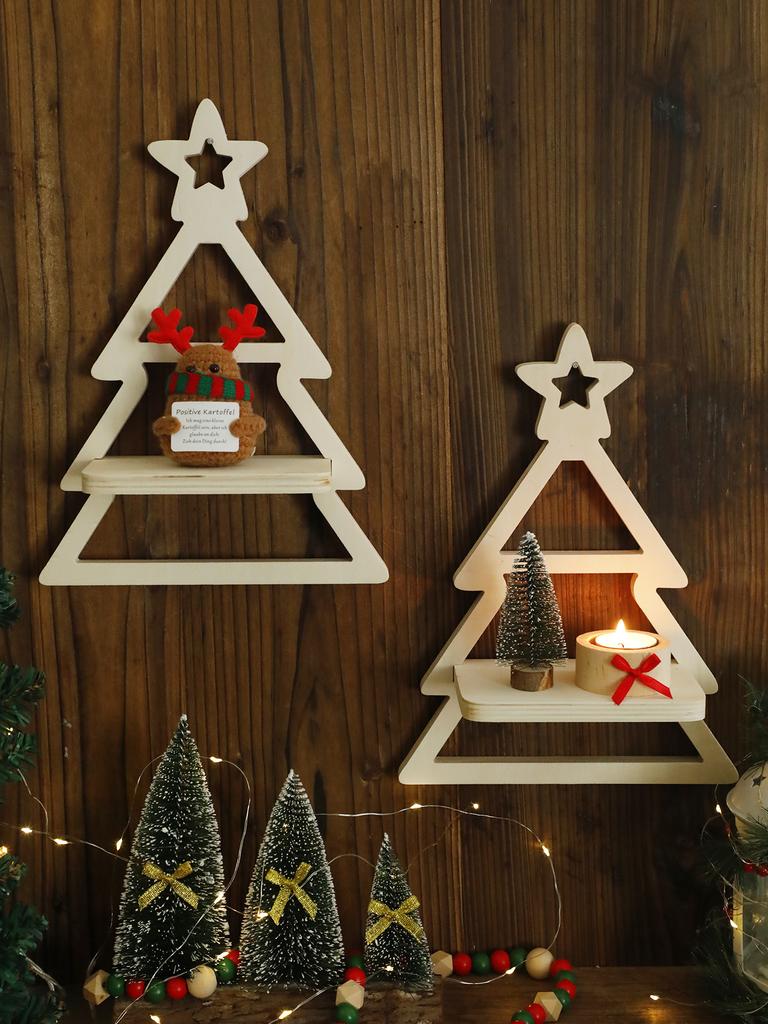 Christmas Tree Wooden Wall Shelves White Floating Wall Shelf Suitable for Christmas Supplies and Candle Wall Hanging Shelf Gift