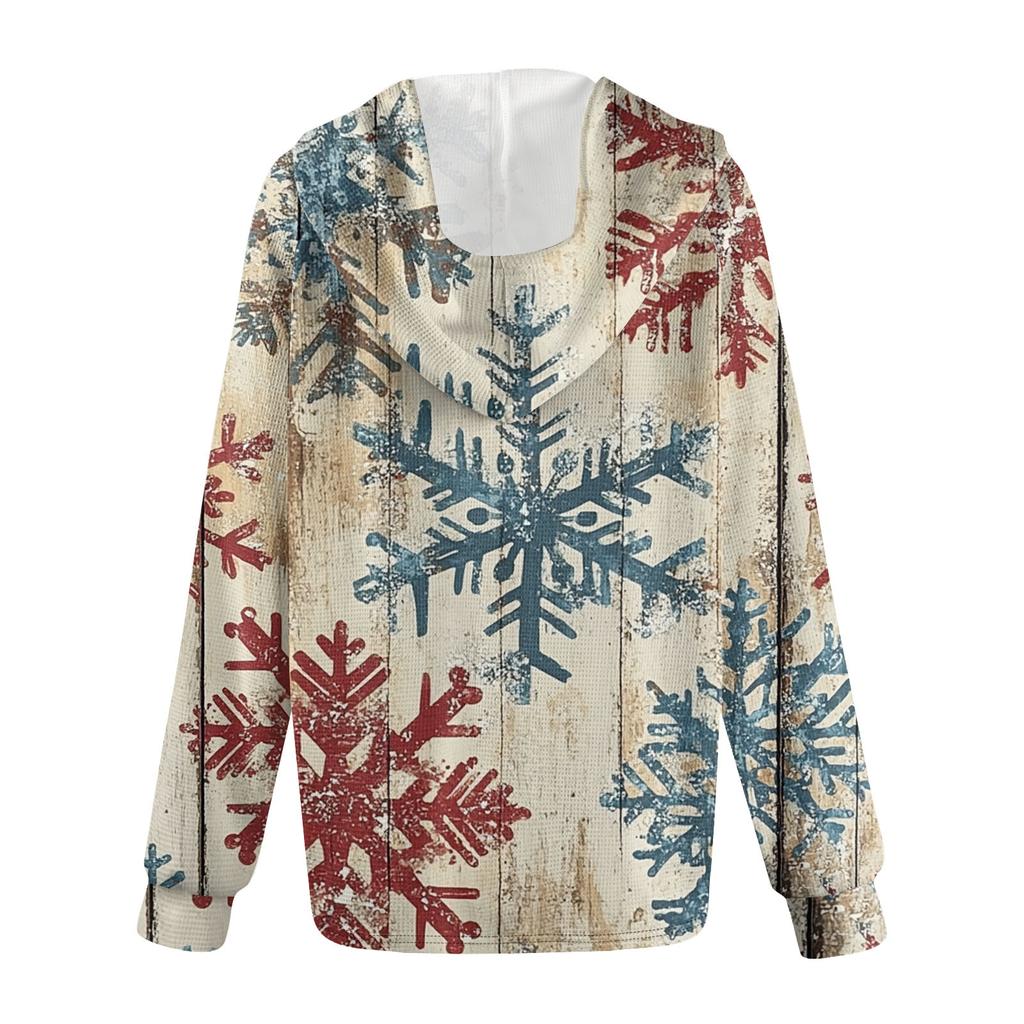 Женская мода с длинным рукавом, завязками на шнурке, капюшоном, пуговицами, V-образным вырезом, повседневная толстовка с капюшоном и рождественским принтом