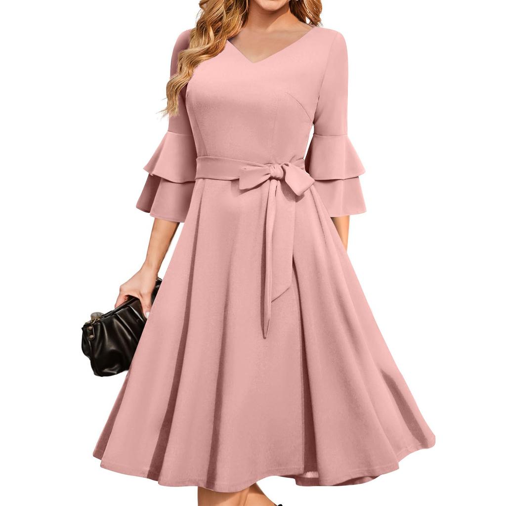 Women's Elegant Bell Sleeve Cocktail Party Dresses For Wedding Guest Fit And Flare Church Midi Evening Dress