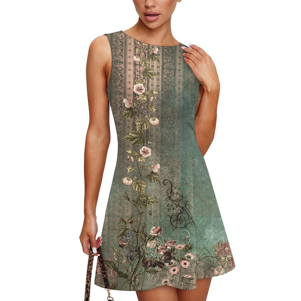 Women's Fashionable Casual Printed Sleeveless Round Neck Dress Sleeveless Round Neck Dress