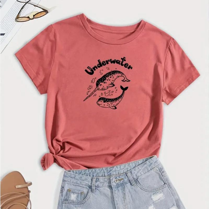Fashion Women Cartoon Whale Print T Shirt Funny Casual O-neck Short Sleeves T-shirt Summer Female Tee Shirt