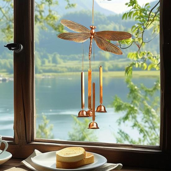 Винтажный колокольчик ветра с изображением стрекозы, всепогодный, для помещения и улицы, для сада, патио, металлический, подвесной