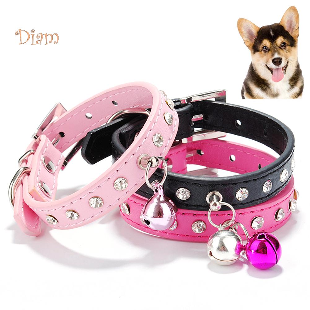 SLP PET GOODs Adjustable Dog Crystal Crystal Stone Bell Collar Rivets Faux Leather Neck Strap