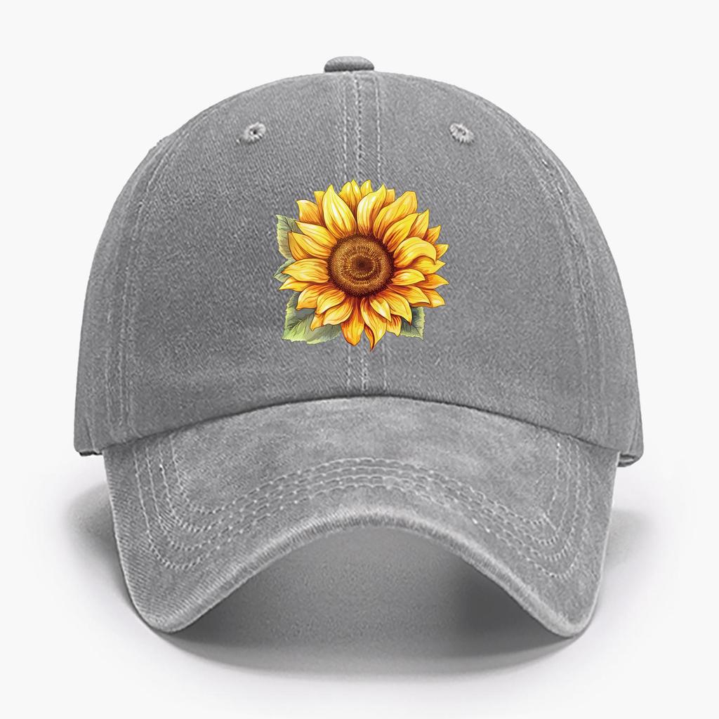 Sunflower Print Cotton Baseball Cap, Floral Pattern Distressed Sport Hat With Adjustable Closure, Sun Protection Peaked Cap