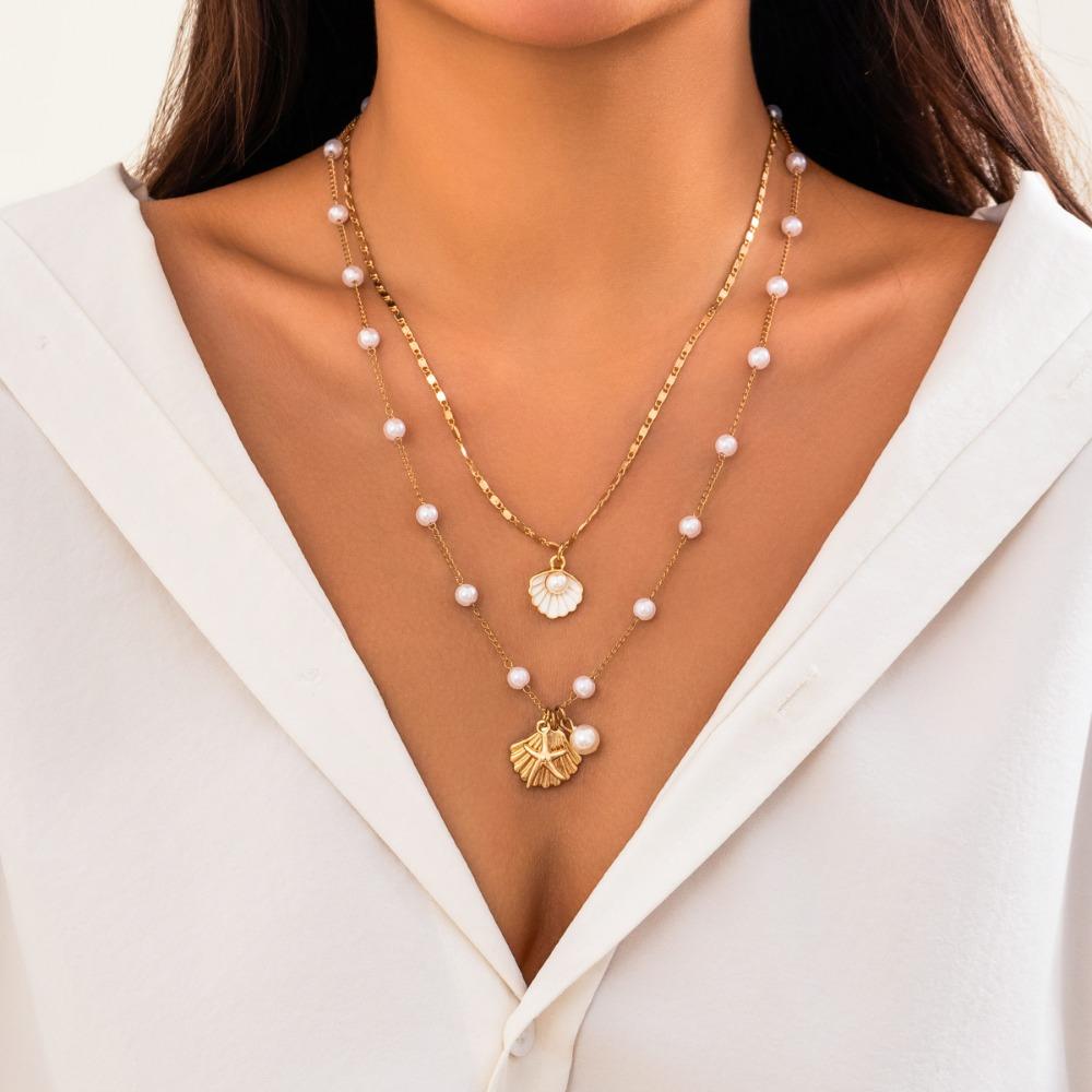 Pearl Shell Multilayer Necklace Conch Starfish Choker Trendy Shell Clavicle Necklace  Gifts