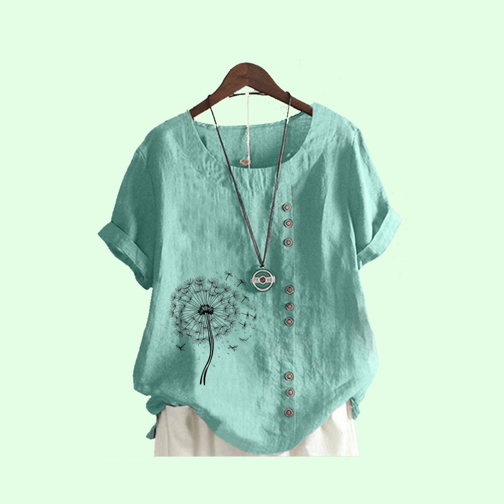 Women Fashion O Neck Blouse Summer Cotton Liene T-shirt Laides Pullover Loose Print Short Sleeve Top