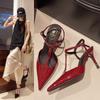 2025 лето остроносые туфли-стилеты на высоком каблуке женские с задним ремешком с мелким вырезом сумка-голова бордовые туфли на высоком каблуке сандалии с задним ремешком стилет