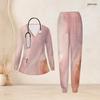 Women Plus Size Pink Printed Nurse Scrub Set V Neck Long Sleeve Pocket Top And Long Pants