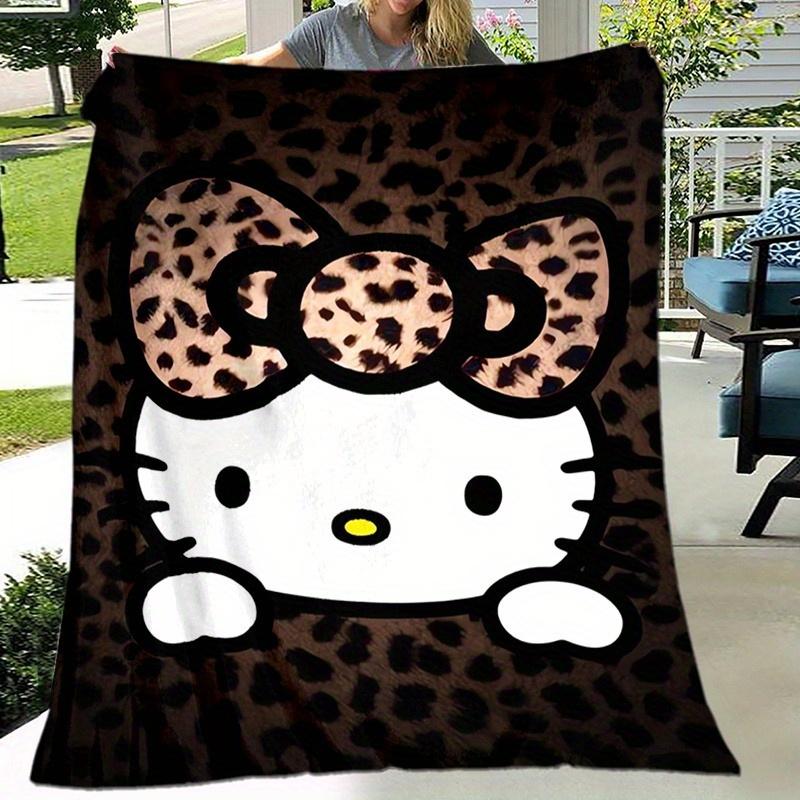 Leopard Hello Kitty Flannel Throw Blanket 2DSingle Print Soft Blanket Home Bedroom Living Room Dorm Kids Room Playful Vibe Decor