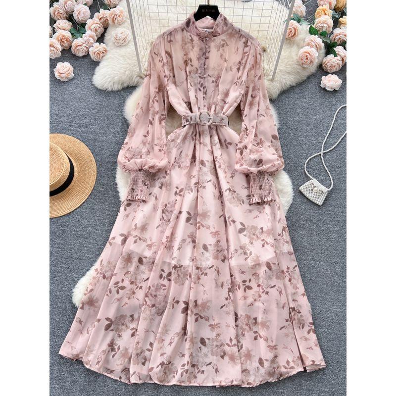 Graceful Stand Collar Breasted Silm Long Large Hem Dress