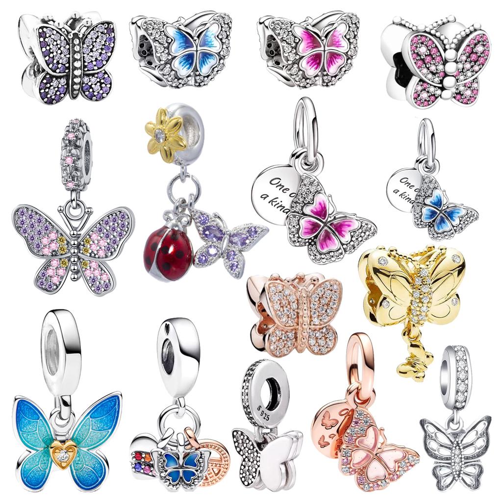 2026 925 Sparkling Blue Pink Butterfly Dangle Charms Beads Fit Original Silver Bracelet Necklace DIY Jewelry Gift for Women