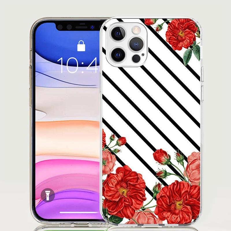 Black White Stripes Flower Phone Case for Apple iPhone 17 Air 16 15 Plus 14 + 13 Mini 12 11 Pro Max 7 8 SE 16Max Soft Shell Cove