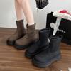Мода 2025 Женские замшевые кожаные ботинки на толстой подошве, платформе, плоской подошве, слипоны, осенние ботинки до середины икры, повседневные женские панк-ботинки, обувь для женщин