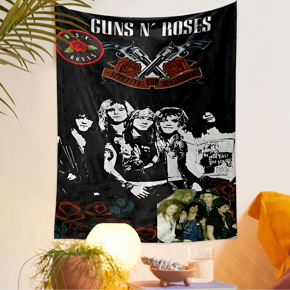 Decorative Wall Tapestry Guns N Roses Cross Revolver Roses Band Collage Rock Music Gift for Fans