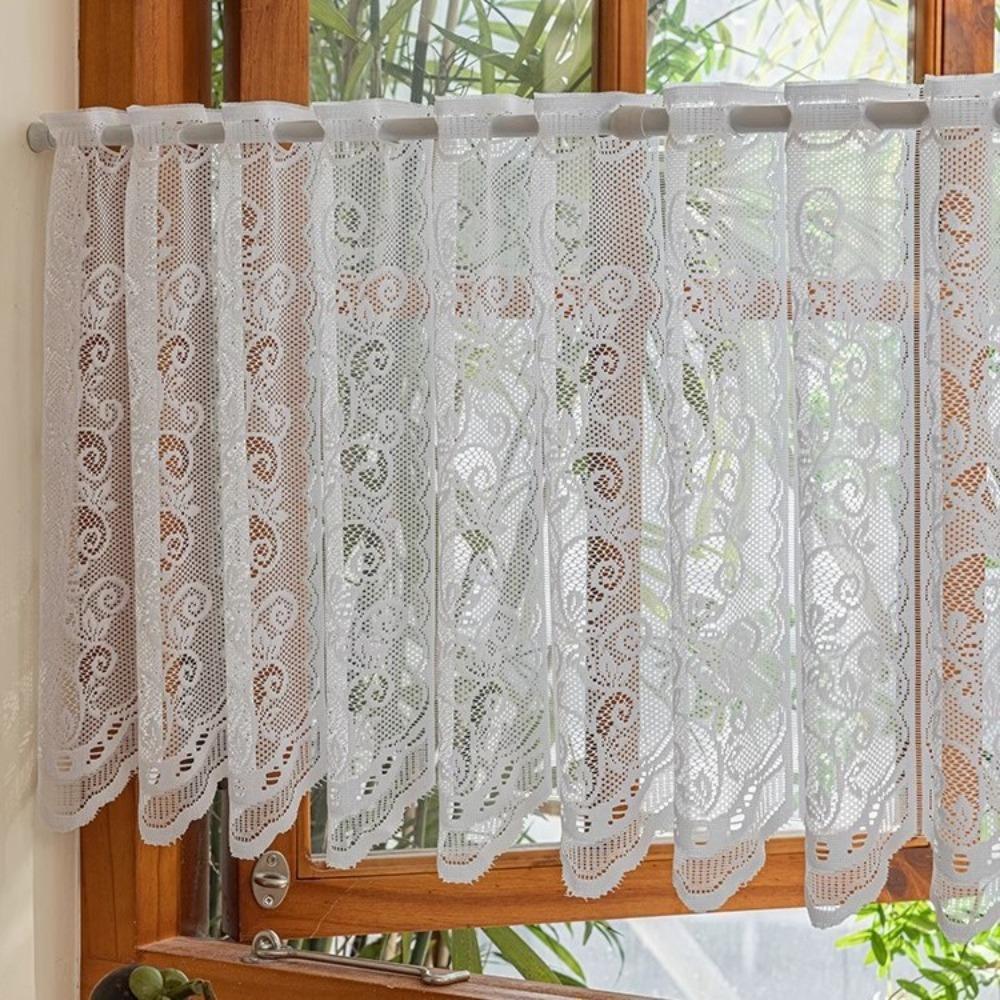 Translucent White Lace Short Window Sheer Floral Embroidery Partition Short Valance Bay Window