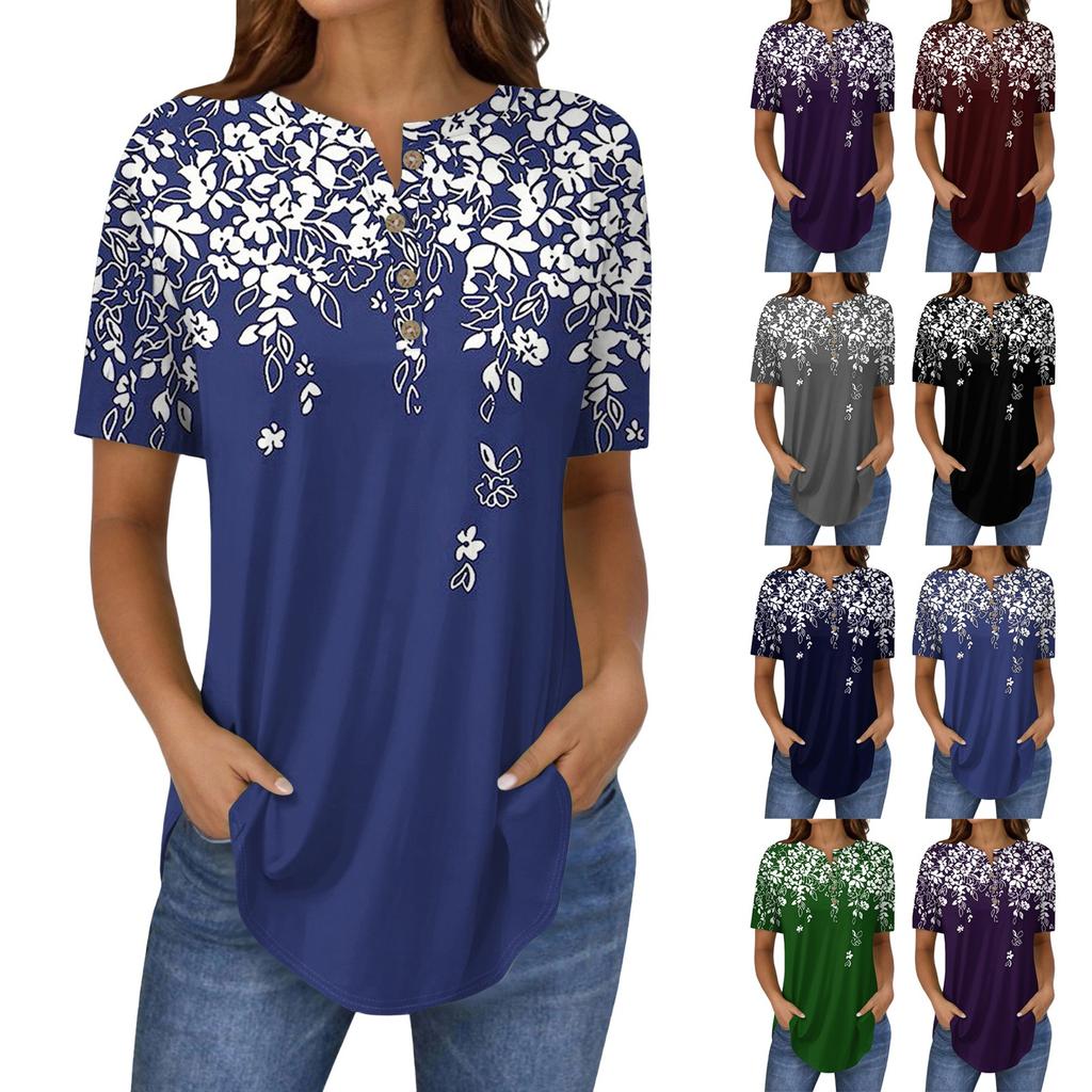 Short Sleeve Womens Tops Summer T-Shirts Floral Print V Neck Casual Basic Tee Button Shirts Tunic Tops