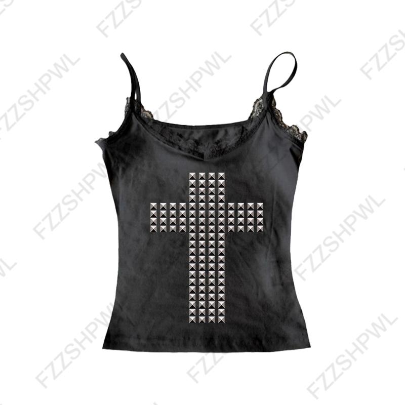 VAYLA Готическая Панк Рок Хип Хоп Женская Футболка с Коротким Рукавом Сексуальная Приталенная Шикарная Повседневная Базовая Металлический Декор Кроп-топы Y2K Эмо Одежда для Девушек