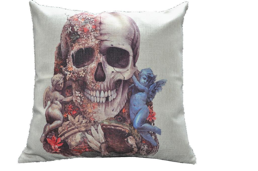 Skeleton Head Throw Pillow Cover With Linen Fabric For Home Decor And Living Room