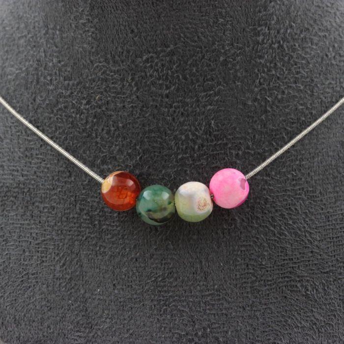 Stones and Minerals. Necklace 4 Beads Cracked Agate Fuchsia Multicolor 8 Mm Stainless Steel Chain.
