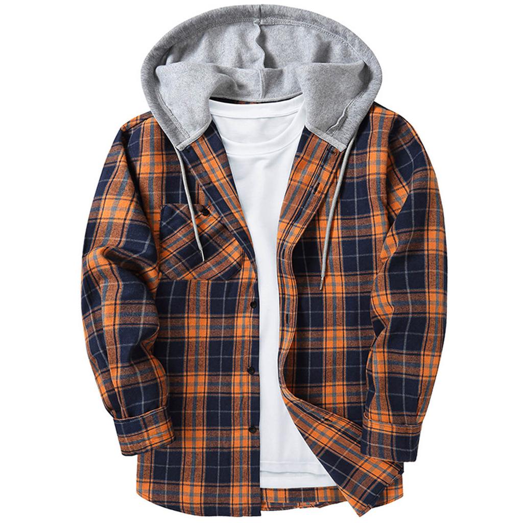  Plaid Pattern Men's Long Sleeve Hooded Shirt Jacket With Chest Pocket, Men's Casual Fall And Winter Coat