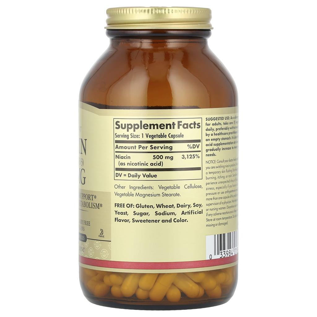 Niacin (Vitamin B3), 500Mg, 250 Veggie Capsules