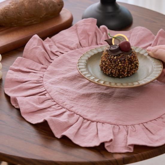 Деревенская салфетка под тарелку, однотонная, круглая, с оборками, для послеобеденного чая, мягкая стираная хлопковая скатерть, для стола, обеденной кухни, вечеринки, деревенский декор стола