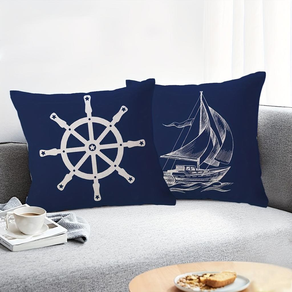 Rustic Nautical Pillow Cover With Sailboat And Anchor Design For Sofa, Car, Bedroom Decorative Cushion Cover