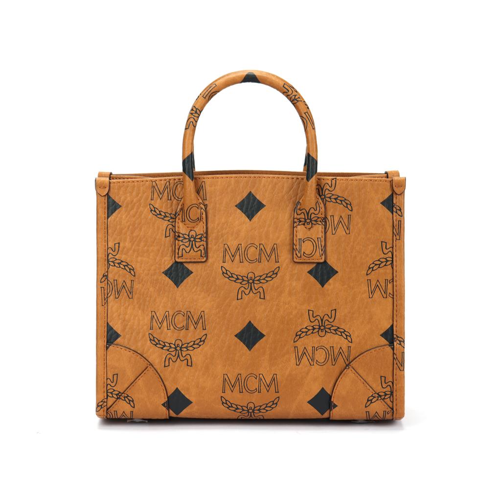 MCM Logo Print Pvc Tote Bag Shopping Bag Shoulder Crossbody Handbag Medium Women tote Cognac MWTESBO05CO001