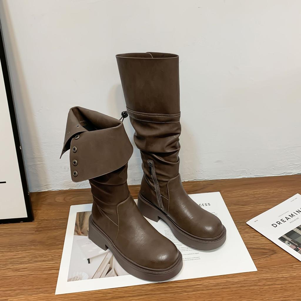 Зимние новые длинные рыцарские сапоги женские высококлассные на толстой подошве женские сапоги с длинным голенищем до колена сапоги-гармошка