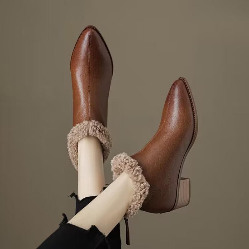 Женские ботильоны для снега, элегантные, с острым носком, теплые, короткие, плюшевые, на среднем каблуке, женские, зимние, новые, 2025, трендовые, модные, ботинки Челси