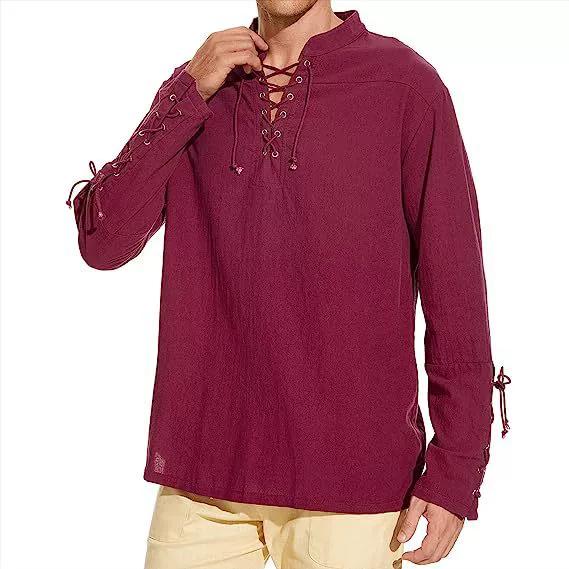 Cotton Linen Shirts for Men Medieval Costume Beach Tops Shirt Pull On Male Loose Casual Streetwear Cosplay Long Sleeve