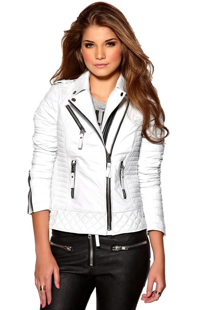 New Women Jacket White Stylish Genuine Lambskin Leather Handmade Biker Motorcycle Soft