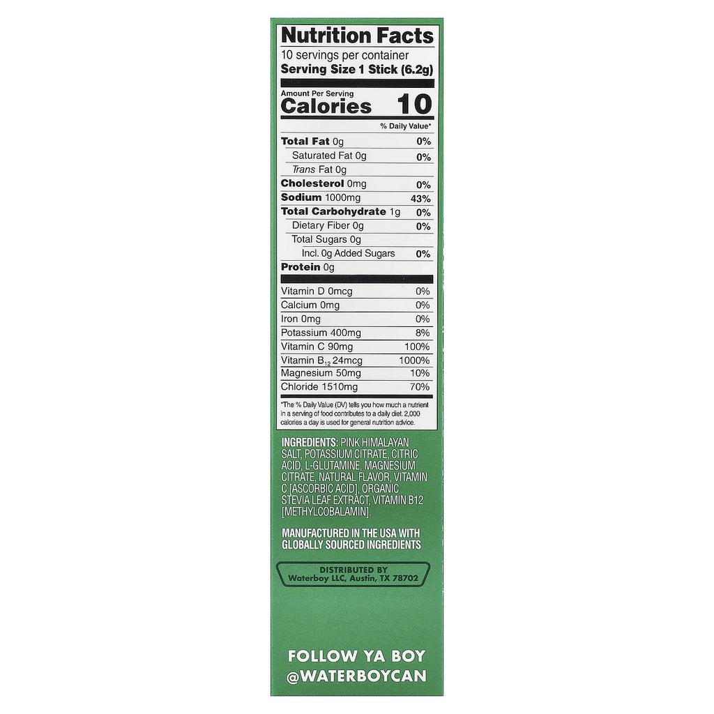 Waterboy, Hydration for Workouts, Electrolyte Drink Mix, Lemon Lime, 10 Stick Packs, 6.2g (0.22oz) Each