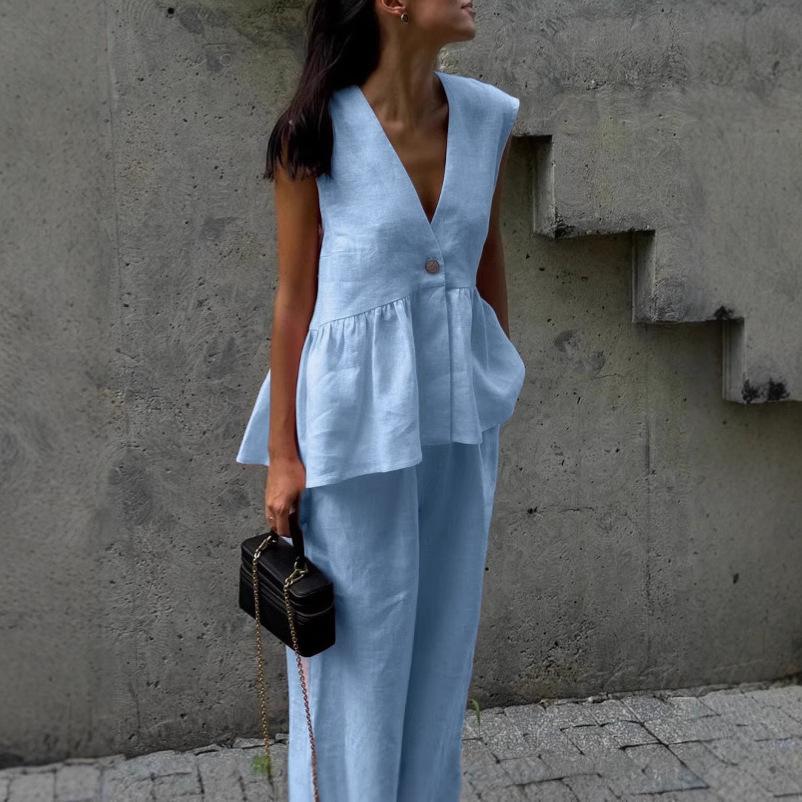 Новый розовый милый комплект из двух предметов: хлопковый топ-майка без рукавов с V-образным вырезом и длинные брюки. Костюм для женщин.