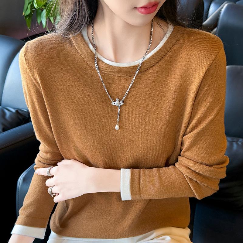 Color-blocking Round Neck Base Shirt for Women Loose Long-sleeved Spring New Worsted Wool Fake Two-piece Knitted Sweater