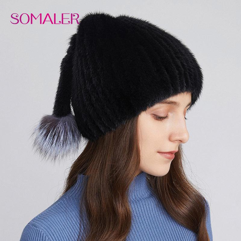 SOMALER Женские шапки из натурального норкового меха, вязаные меховые шапки-бини с тесьмой, зимние шапки из лисьего меха с помпоном и черепом