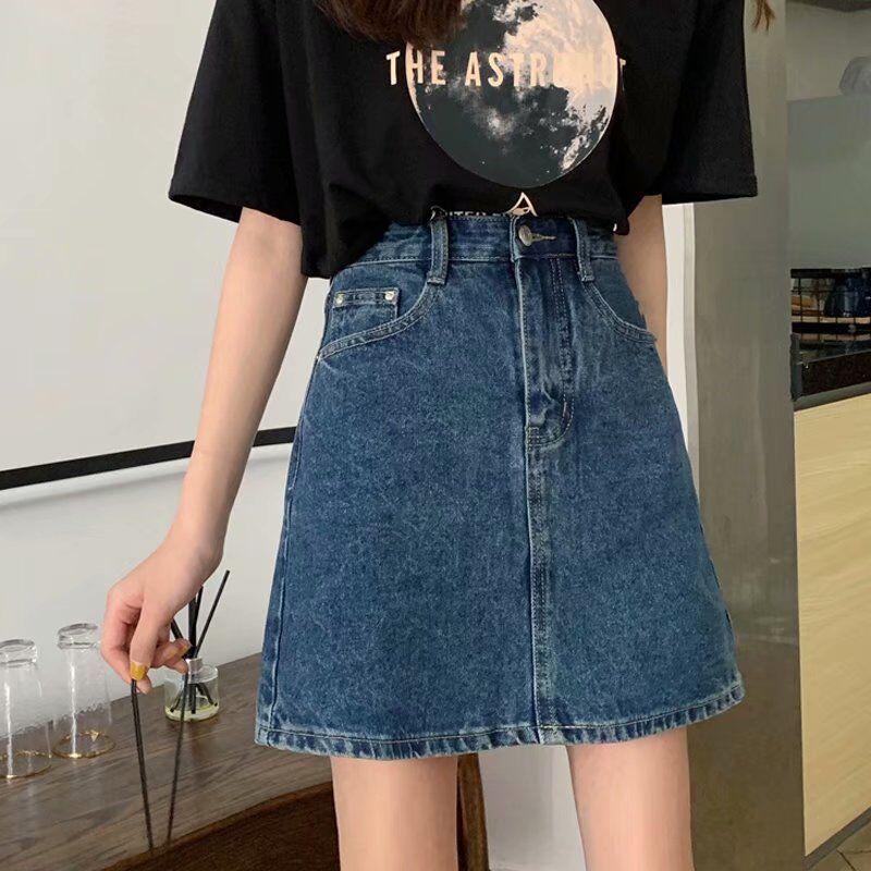 Летняя корейская ретро джинсовая миди-юбка с высокой талией для женщин - облегающая бедра, приталенная А-силуэта