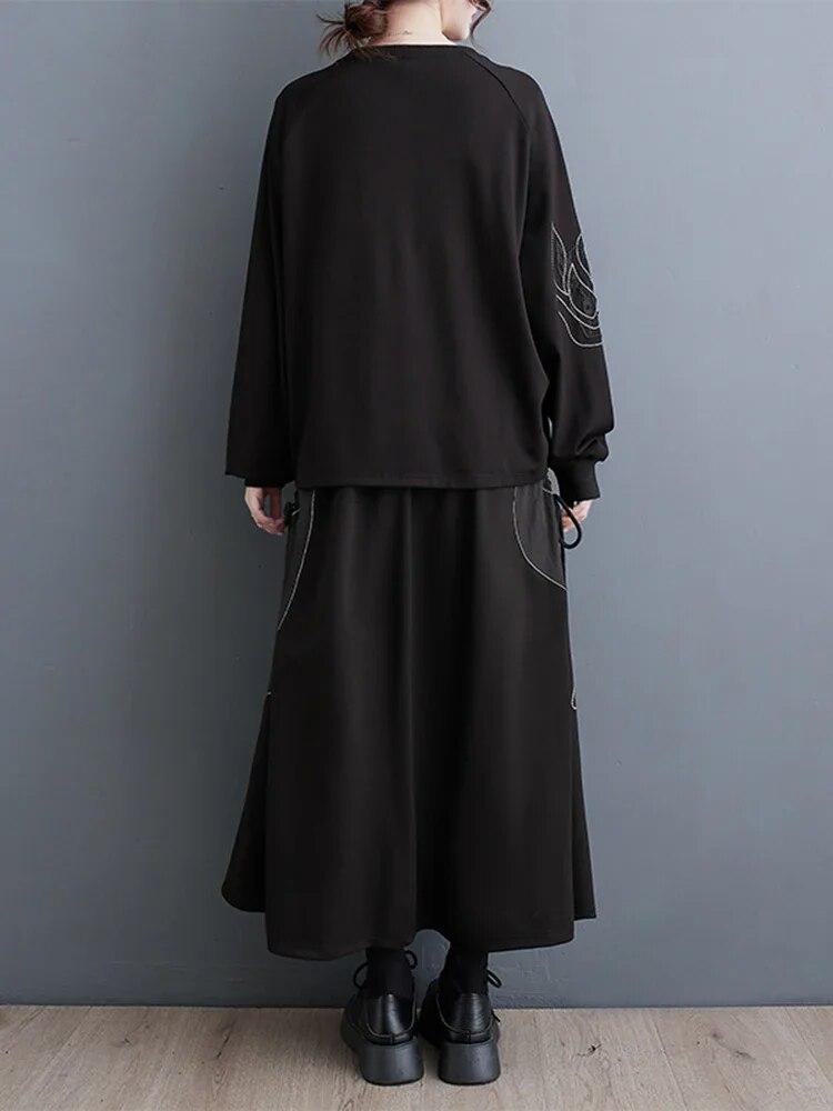 Xitao Casual Black Dress Sets Fashion Loose Top Skirt Two Pieces Sets Asymmetrical Draw String DMJ3107