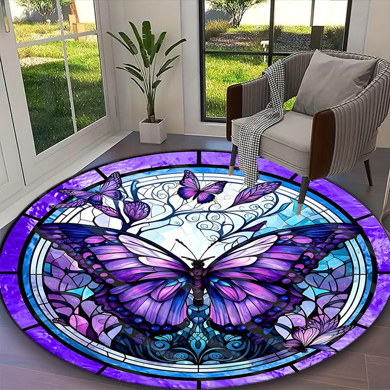Butterfly Rug Ideal for Reading Room, Multi-purpose Office Chair Sofa Carpet, Anti-slip Printed Home Round Rug