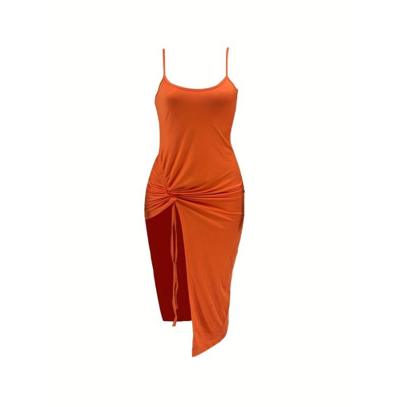 Drawstring Bodycon Cami Dress, Sexy Split Spaghetti Strap Dress, Women's Clothing
