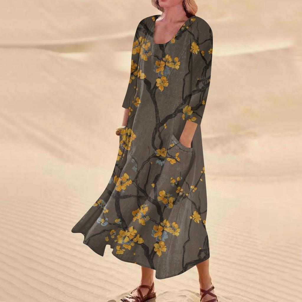 Женское повседневное удобное хлопковое карманное платье с цветочным принтом и рукавами три четверти