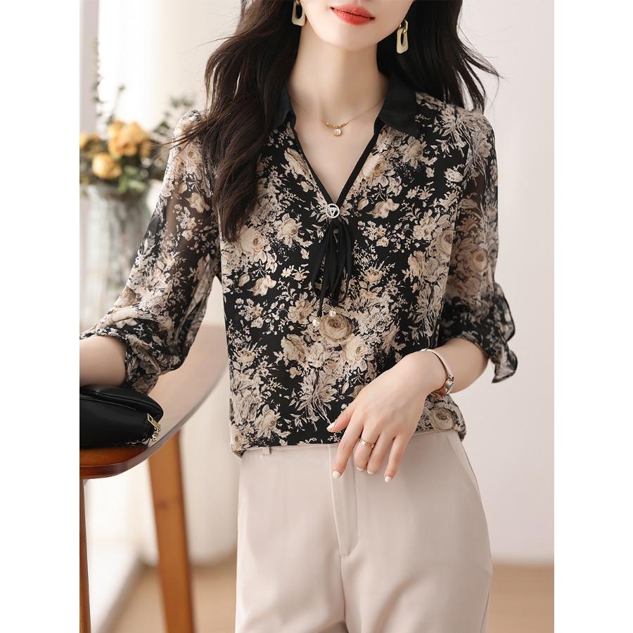 Элегантная и модная рубашка из шифона с цветочным принтом для женщин среднего возраста на весну